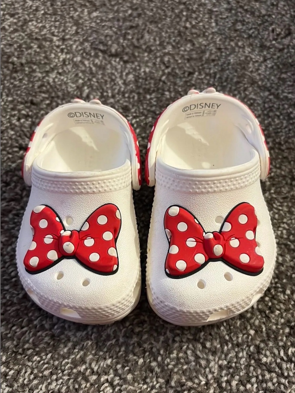 Disney Kids White CROCS with Red Polka Dot Minnie Bows